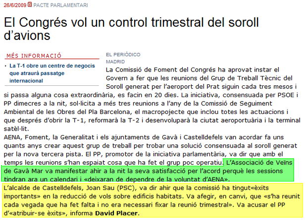 Notcia publicada al diari EL PERIDICO sobre l'aprovaci al Congrs dels Diputats d'una proposici no de Llei que fixa periodicitat a les reunions de la CSAAB i el GTTR (26 de Juny de 2009)